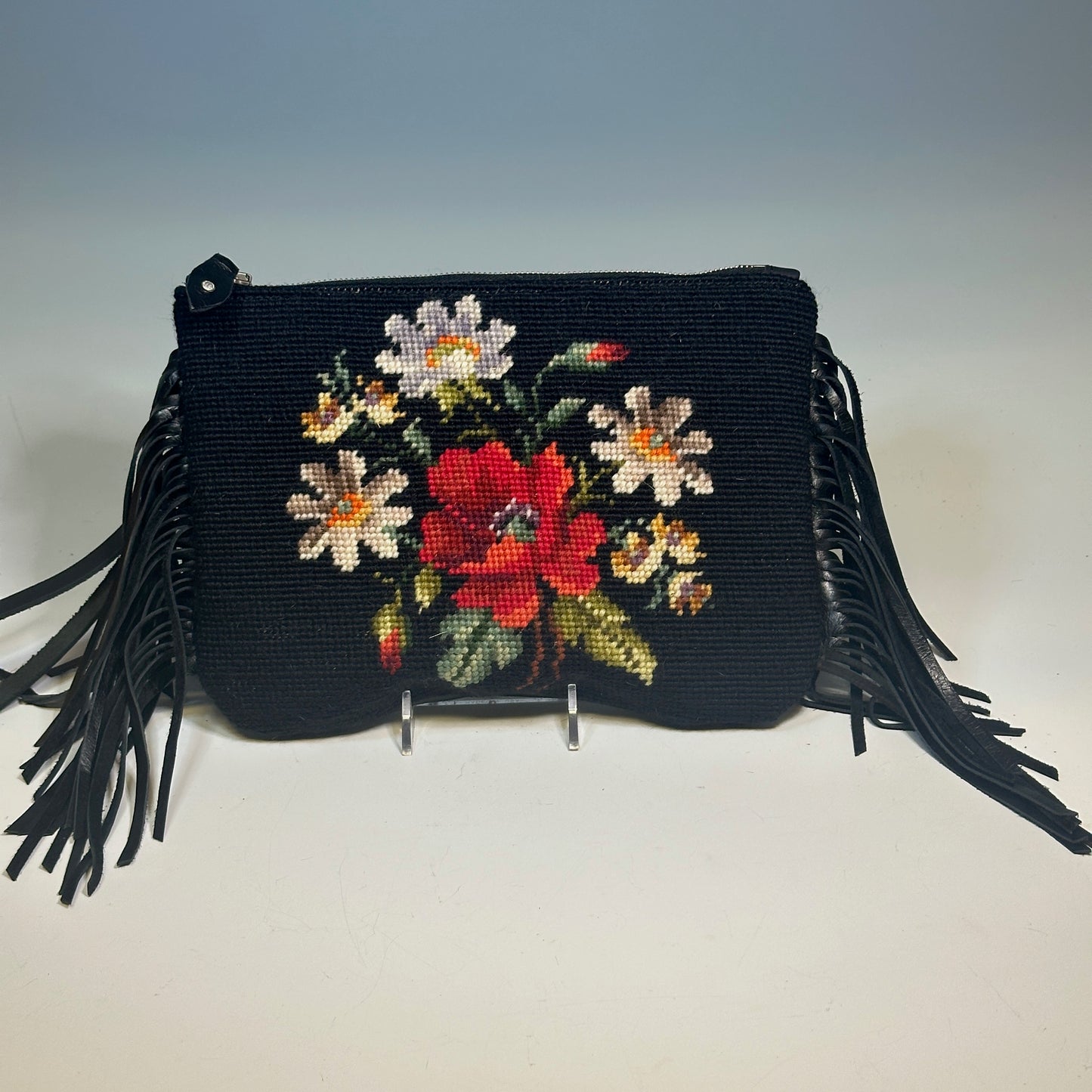 BOHO CROSSBODY/WRISTLET WITH FRINGE, VINTAGE NEEDLEPOINT NH126