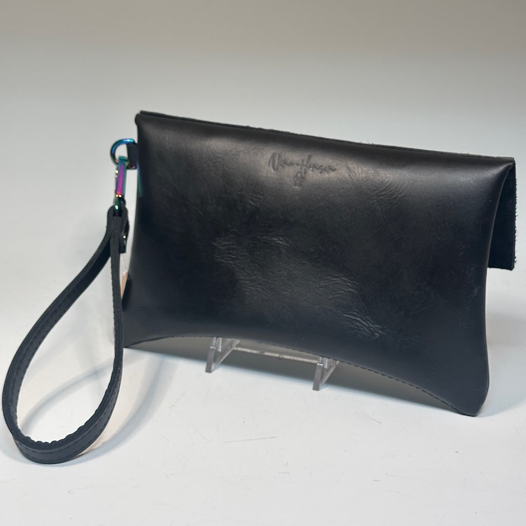 Curva Clutch - Black leather with hair on hide flap NH157