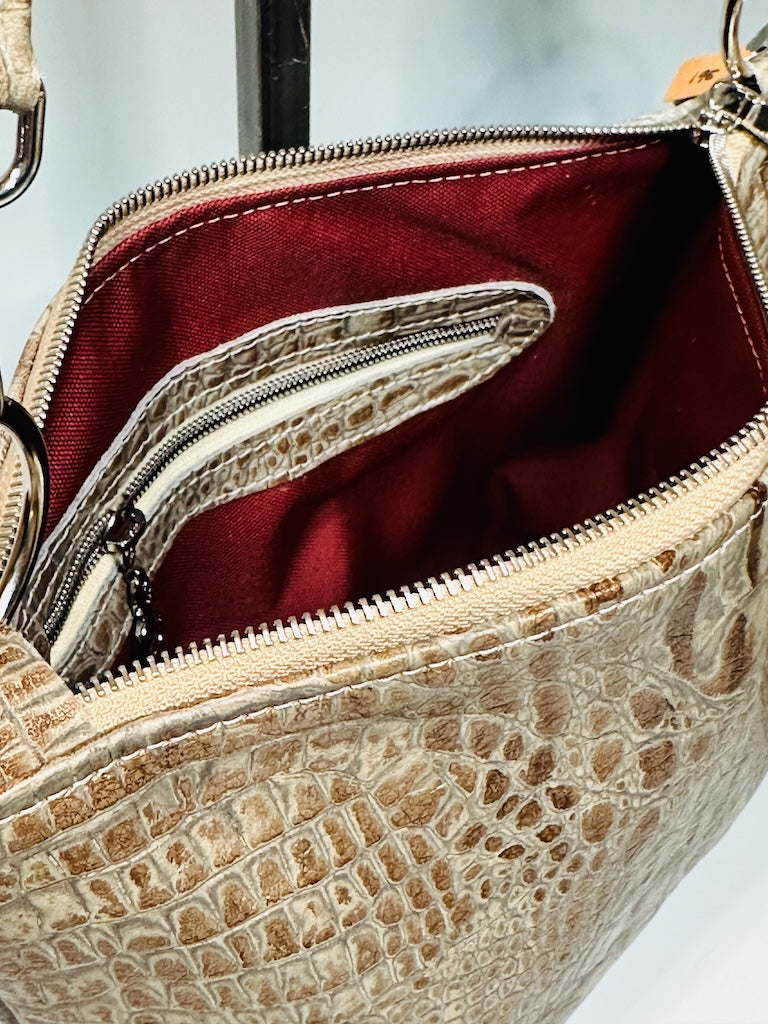 TAUPE EMBOSSED LEATHER ZIP TOP SHOULDER BAG NH170