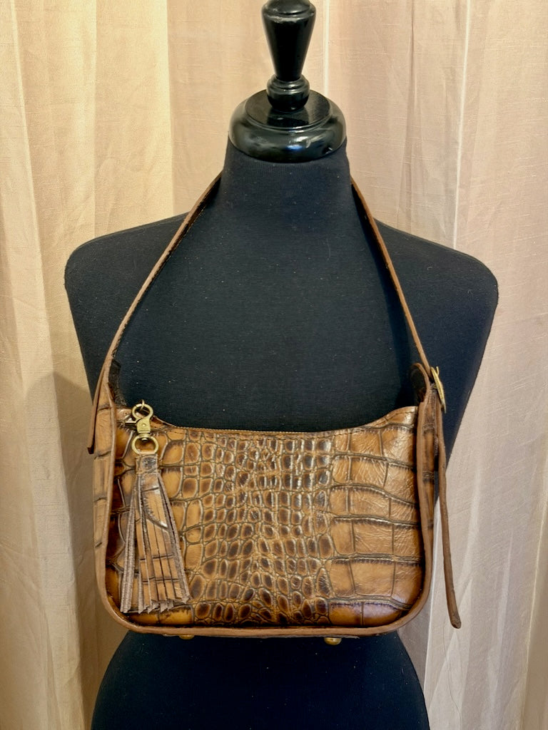 EMBOSSED LEATHER BAGUETTE BAG, BROWN NH194