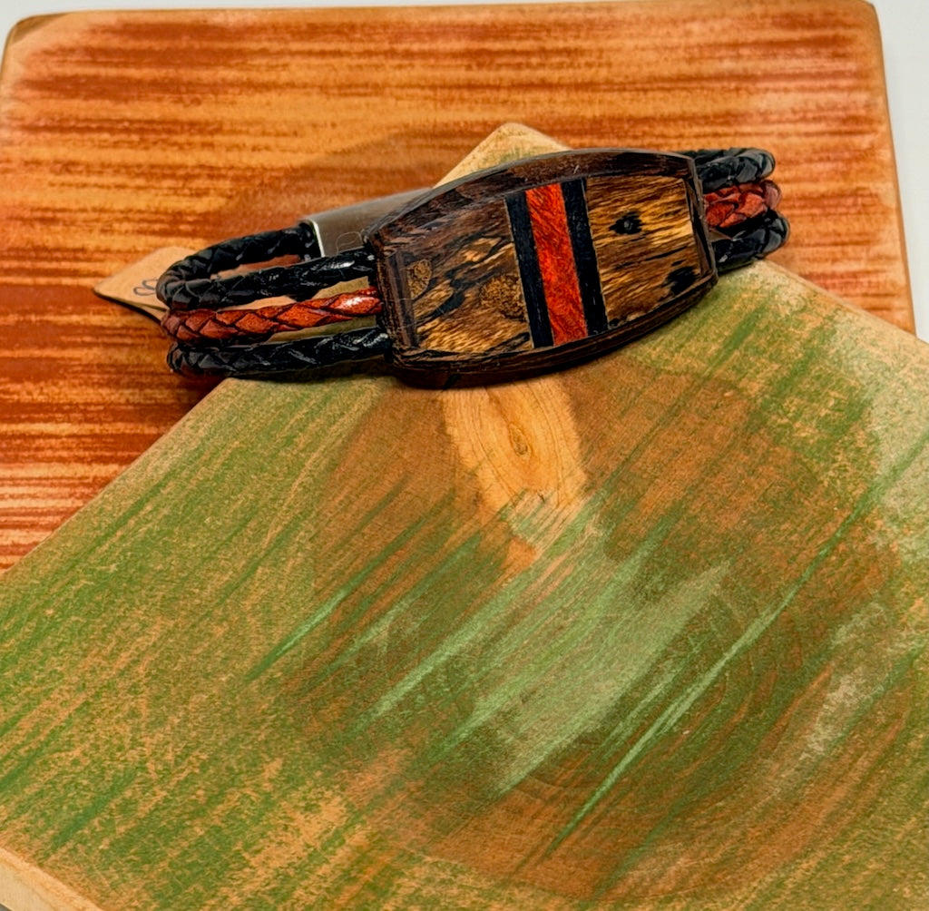 SMALL MIXED MEDIA WOOD SYMMETRY WITH BANDING MAGNETIC CLASP BRACELET NL324