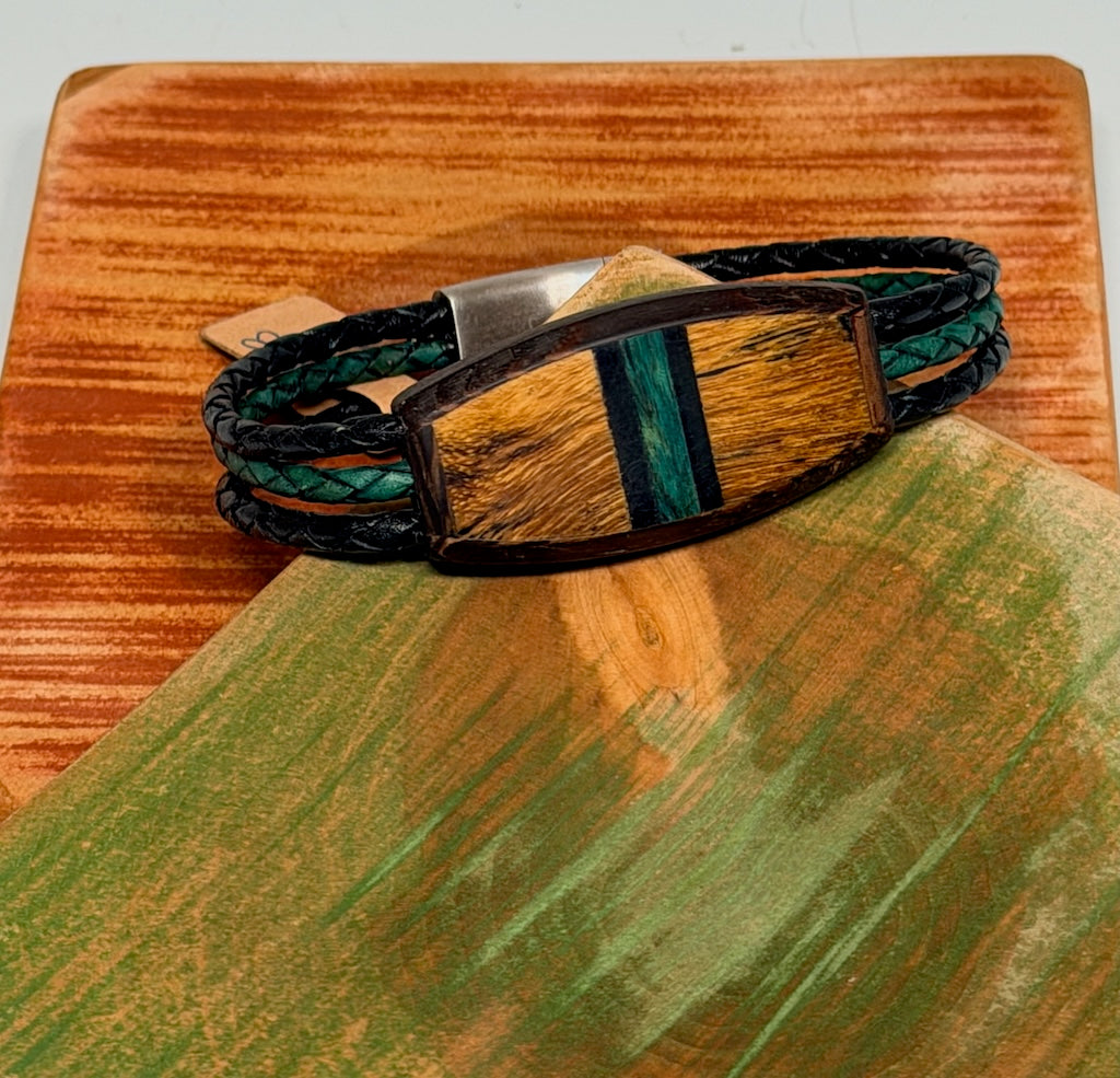 LARGE MIXED MEDIA WOOD SYMMETRY WITH BANDING MAGNETIC CLASP BRACELET NL334