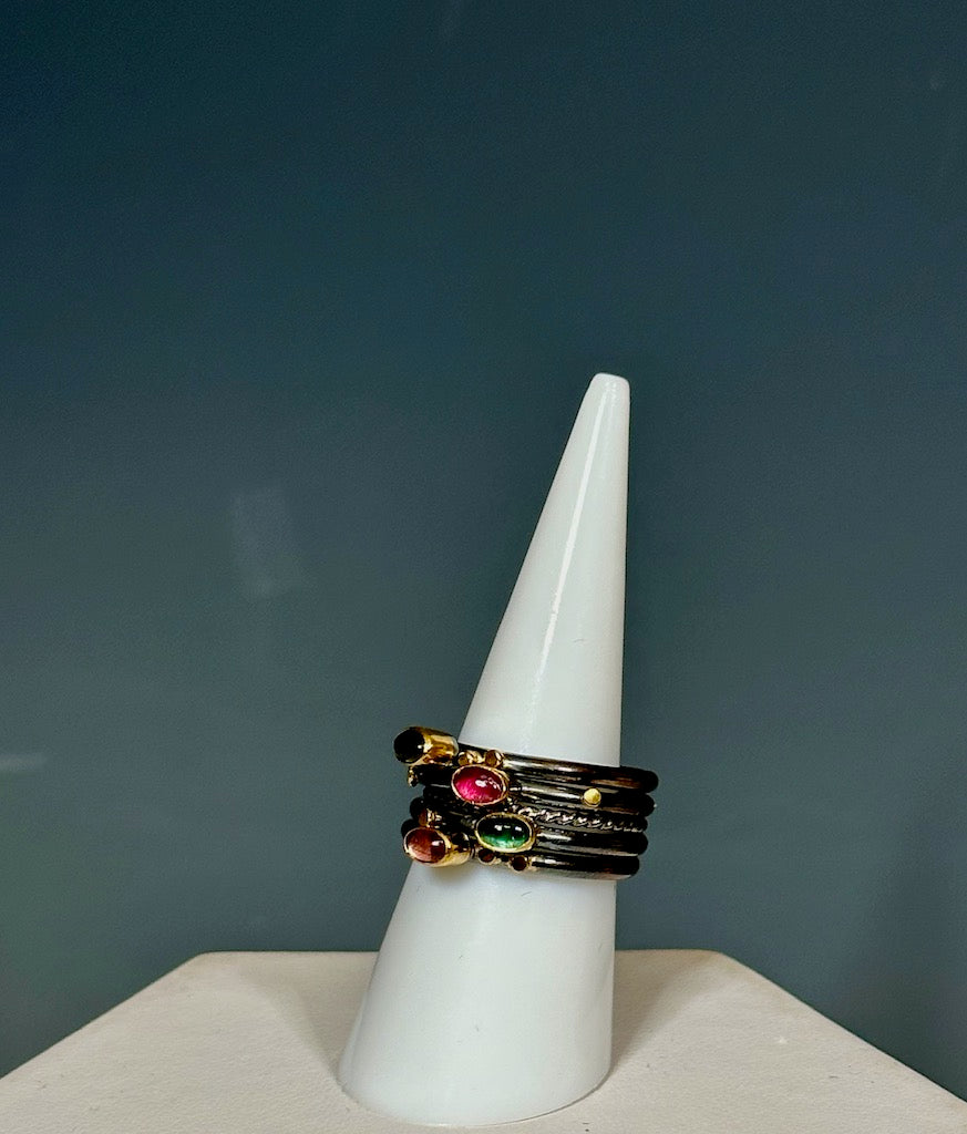 STERLING SILVER AND 18K GOLD BEZEL RING WITH MULTI COLOR TOURMALINE STACK RING NM497R