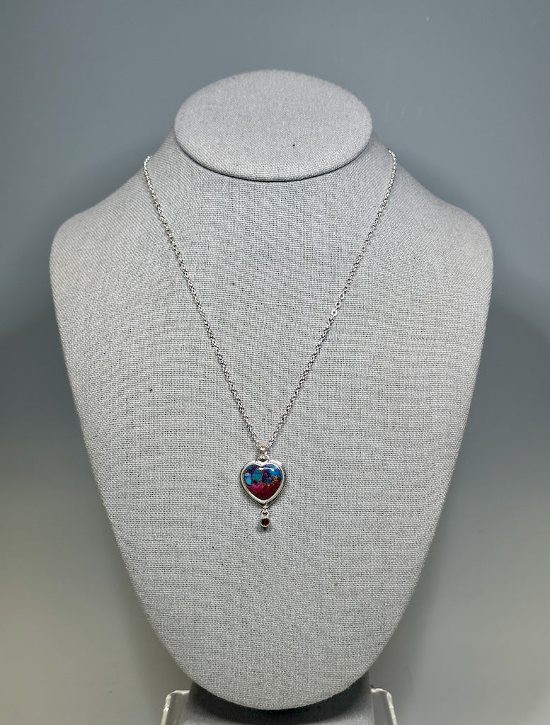 TURQUOISE/COPPER MATRIX HEART NECKLACE WITH RHODOLITE GARNET - NM667N