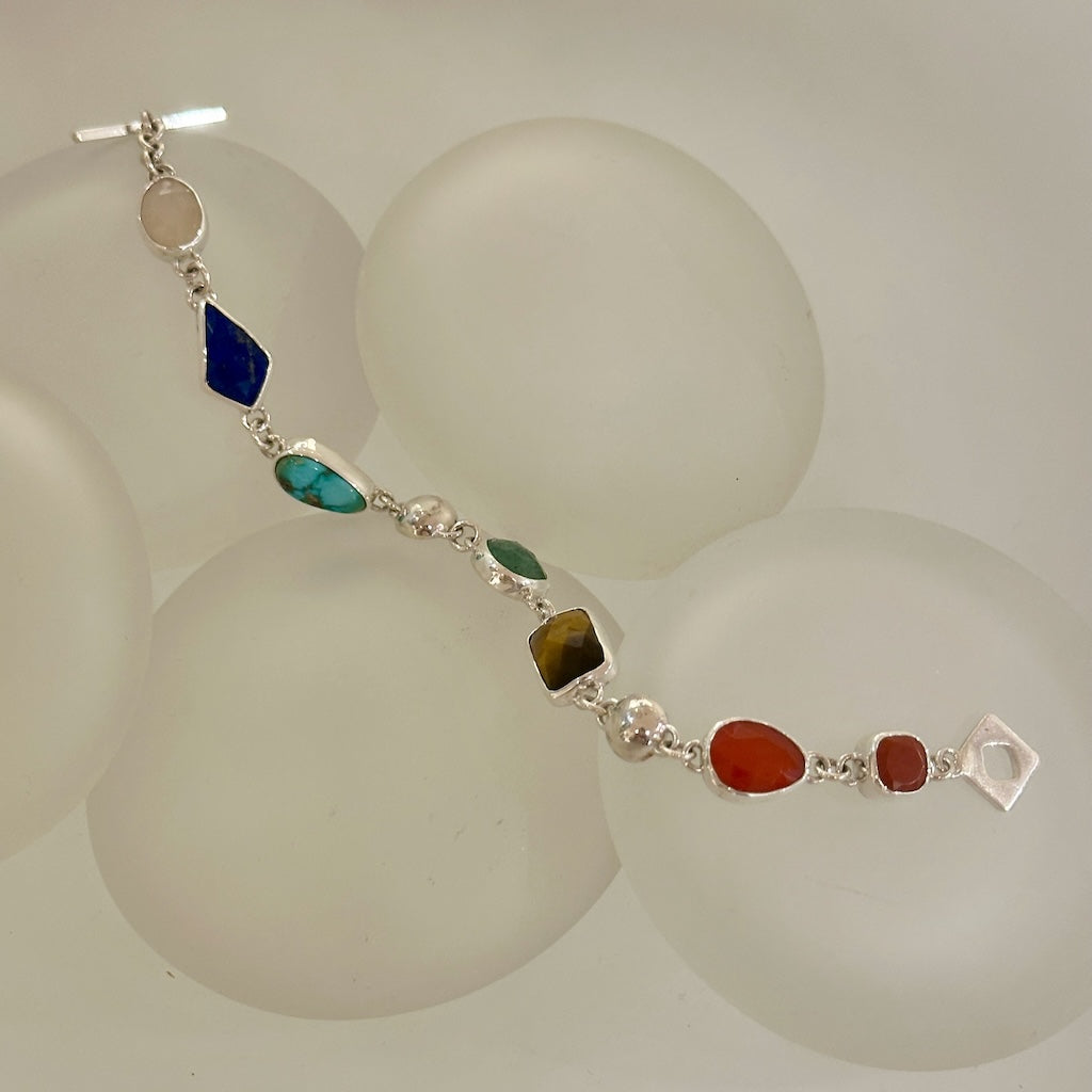 CHAKARA STERLING SILVER BRACELET WITH MOONSTONE, LAPIS, TURQUOISE, GREEN ADVENTURINE, CARNELIAN, RED AGATE NM668B