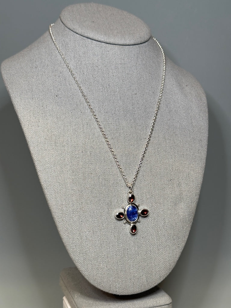 TANZANITE AND GARNET BYZANTINE CROSS STERLING SILVER NECKLACE - NM675N