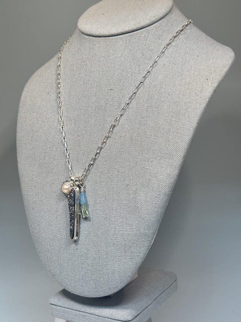 DRUZY, PEARL, AQUAMARINE STERLING SILVER NECKLACE - NM680N