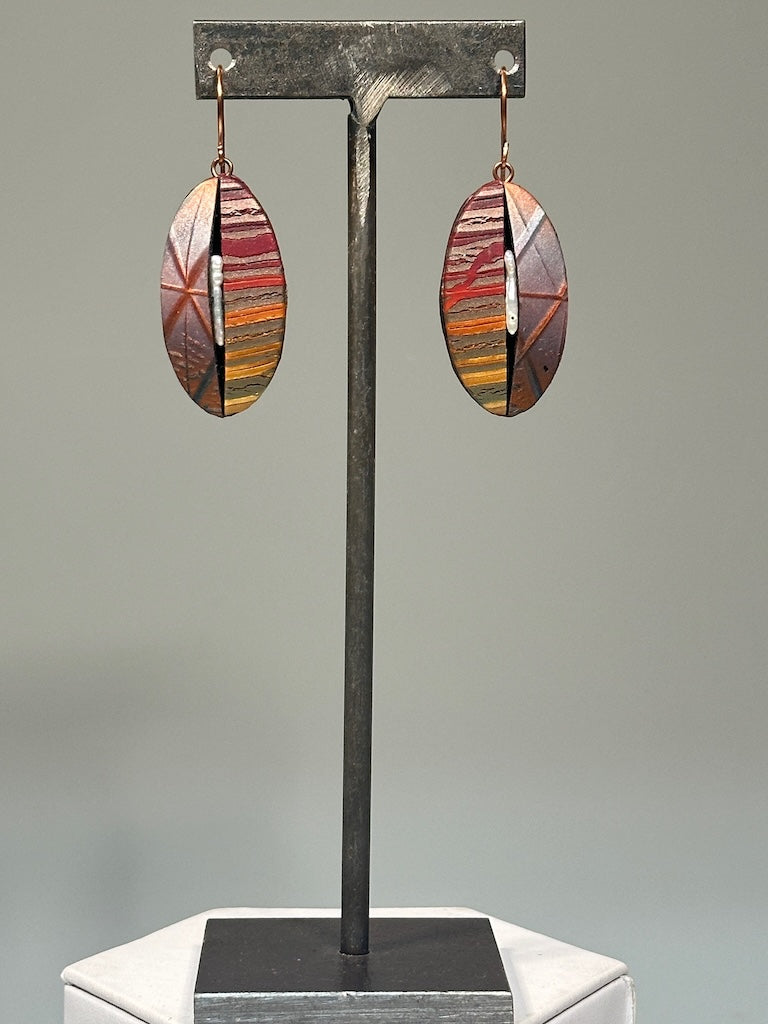 MULTI COLOR AND PATTERN POLYMER CLAY DIMENTIONAL EARRINGS WITH STICK PEARL ACCENT ON COPPER EAR WIRES PCE847