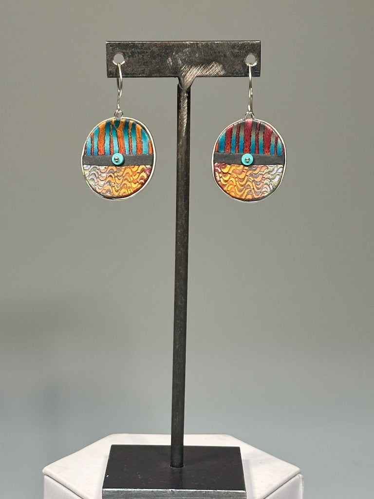 POLYMER CLAY DANGLE EARRINGS WITH METAL AND TURQUOISE BEAD CENTER ON STERLING SILVER EAR WIRES PCE854