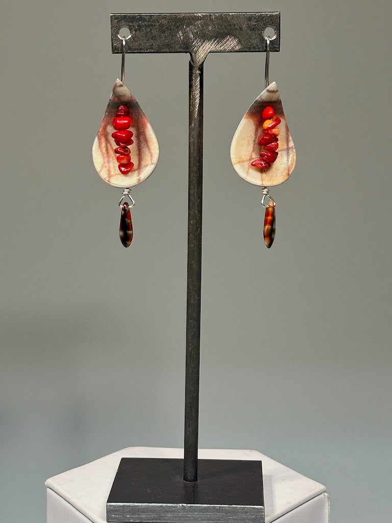 LEAF SHAPED POLYMER CLAY EARRINGS WITH CHEQUE BEAD DANGLE AND CORAL BEADS ON STAINLESS STEEL EAR WIRES PCE858