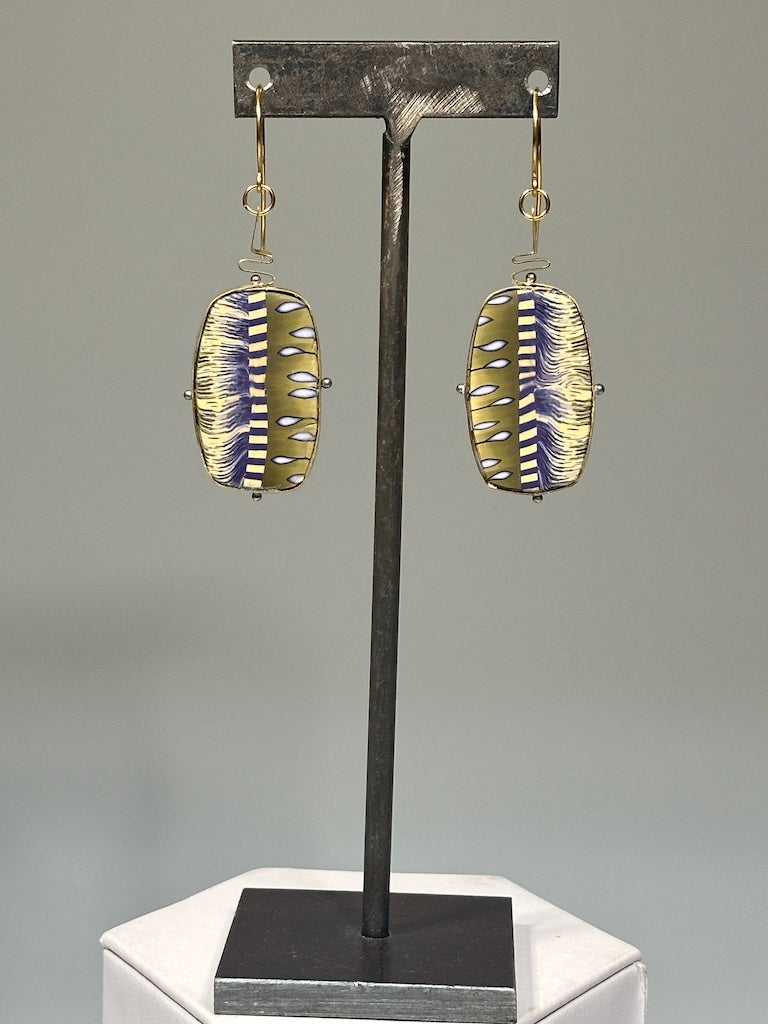 MULTI PATTERNED POLYMER CLAY EARRINGS FRAMED IN BRASS BEZEL WITH HAND FORMED STEM ON BRONZE EAR WIRES PCE860