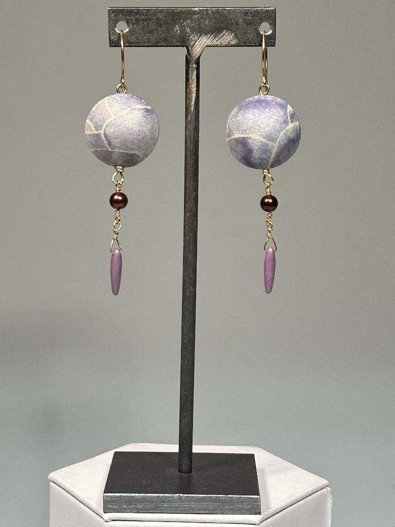 HOLLOW LENTIL BEAD POLYMER CLAY EARRINGS WITH BEAD DANGLES ON BRONZE EAR WIRES PCE864