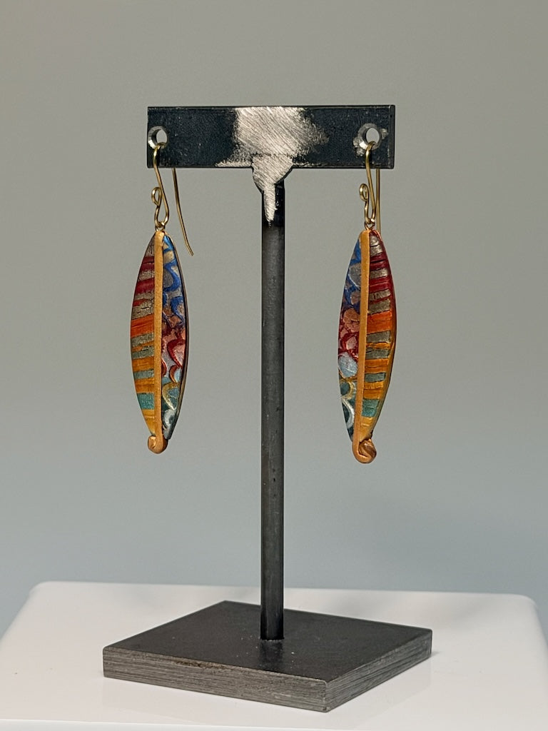 LONG LEAF SHAPED POLYMER CLAY DANGLE EARRINGS ON BRONZE EAR WIRES PCE908
