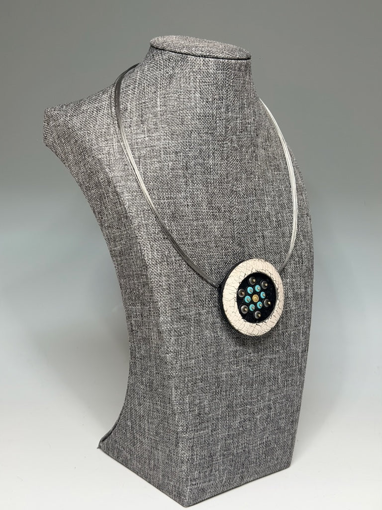 POLYMER CLAY PENDANT WITH TURQUOISE & BEAD CENTER ON MULTI STRAND STAINLESS STEEL NECK WIRE PCN879