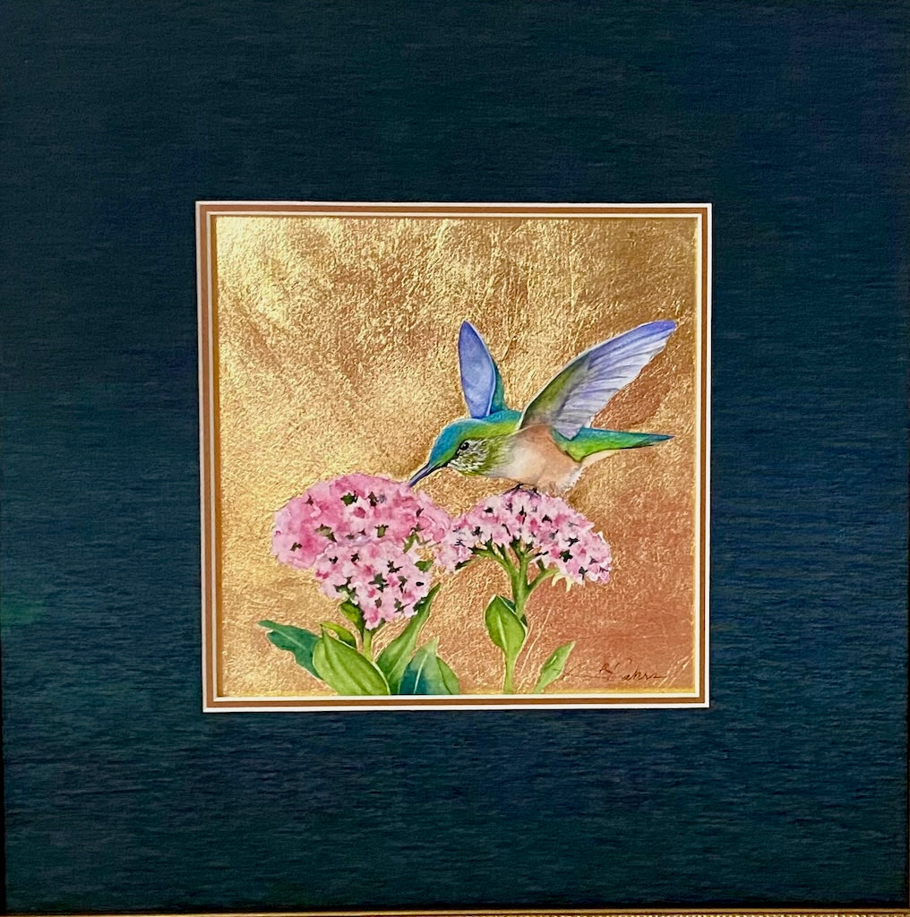 "LITTLE JEWEL OF THE FOREST 18" ORIGINAL WATERCOLOR WITH GOLD LEAF/FRAMED