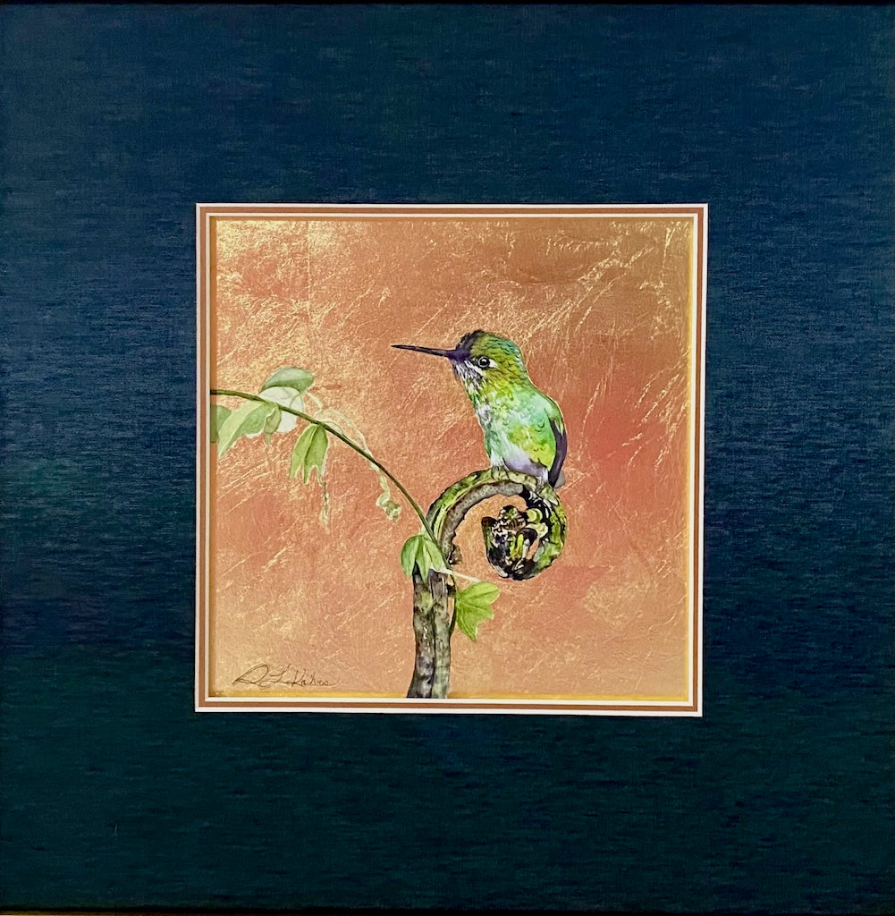 "LITTLE JEWEL OF THE FOREST 16" ORIGINAL WATERCOLOR WITH GOLD LEAF/FRAMED