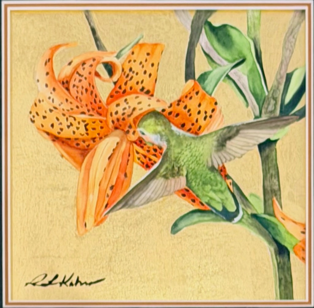 "LITTLE JEWEL OF THE FOREST 31" ORIGINAL WATERCOLOR WITH GOLD LEAF/FRAMED