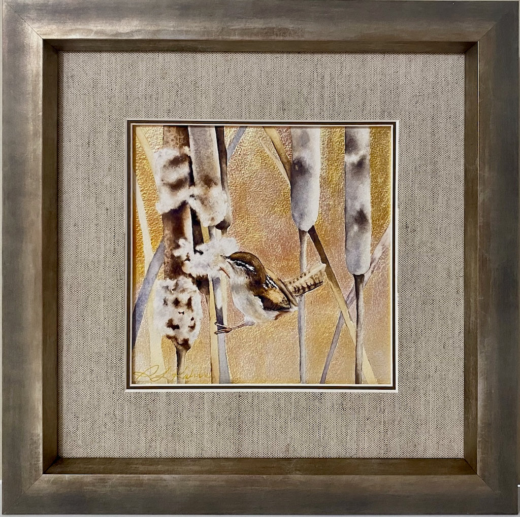 "SPARROW IN AUTUMN LIGHT" ORIGINAL WATERCOLOR WITH SILVER LEAF/FRAMED