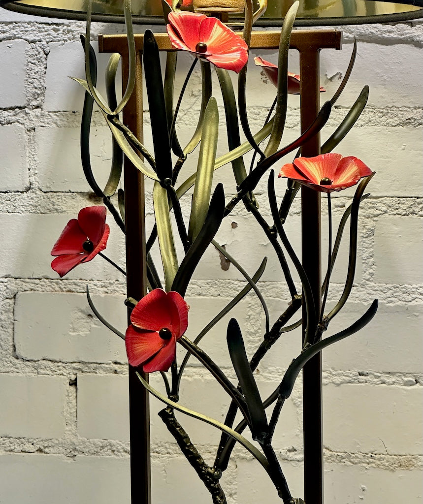 RED/PINK 4 PETAL WILDFLOWER AND BLACK LEAF HAND FORGED METAL LAMP