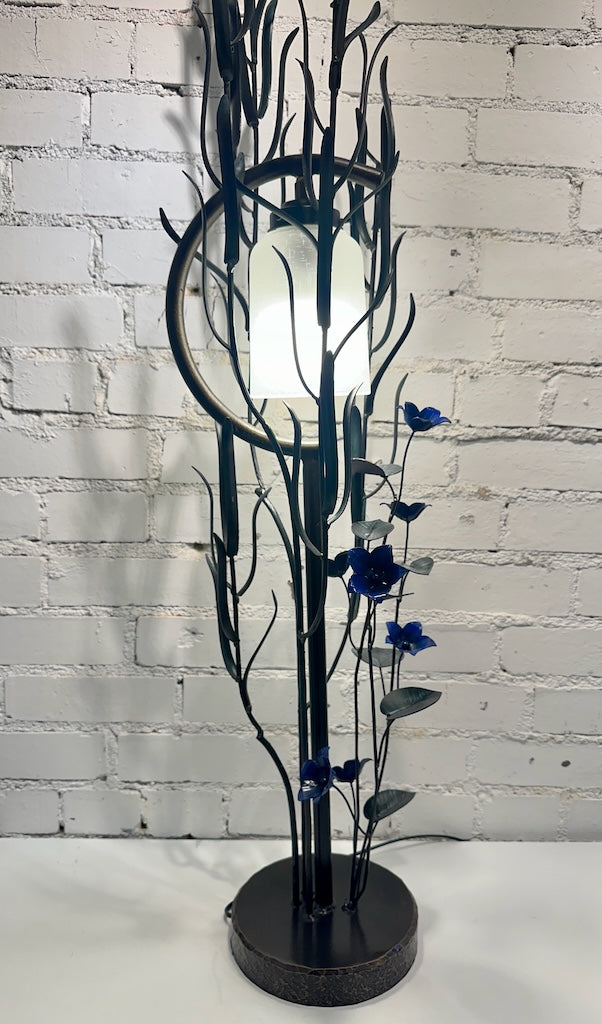 BLUE 5 PETAL WILDFLOWER FIELD STUDY HAND FORGED METAL LAMP