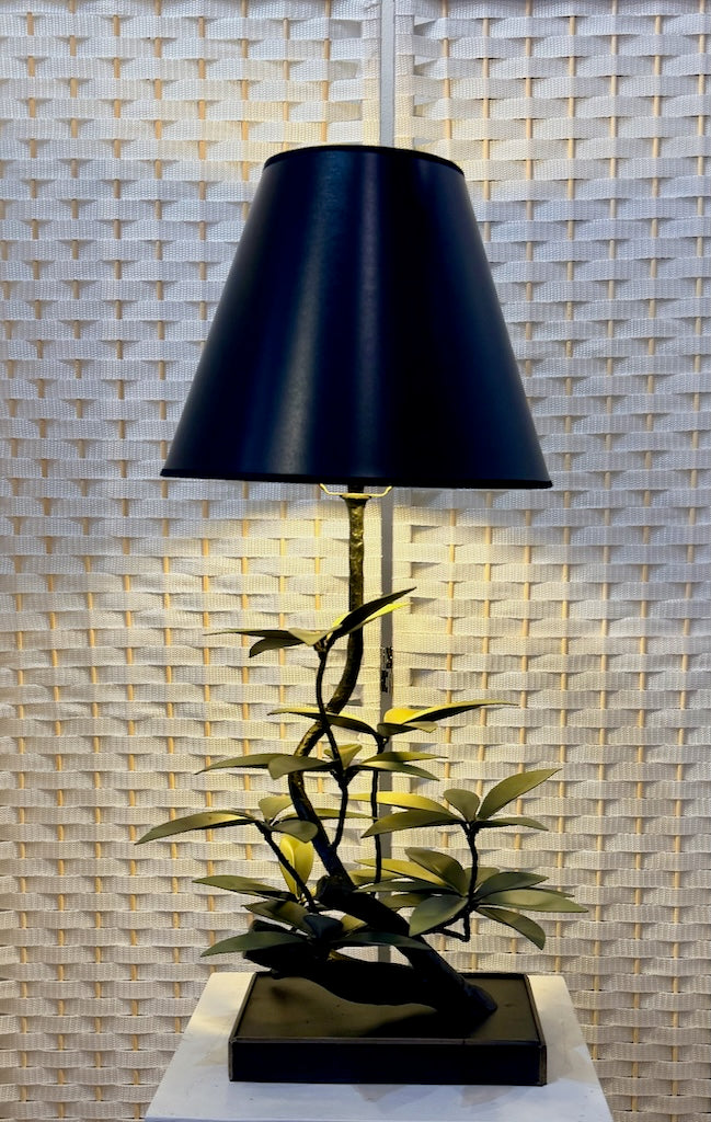DUSTY GREEN LAUREL LEAF HAND FORGED METAL LAMP WITH BLACK SHADE
