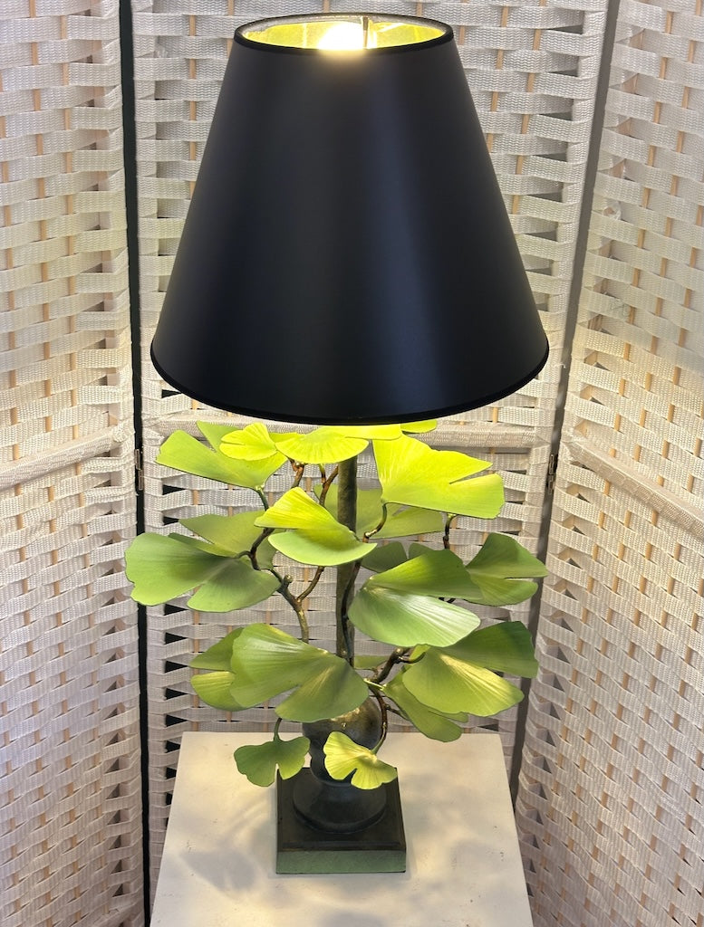 GREEN GINKGO HAND FORGED METAL LAMP WITH BLACK SHADE