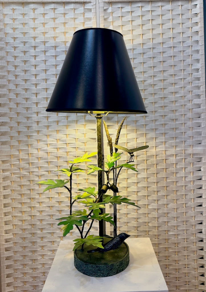 GREEN MAPLE & OAK LEAF WITH ACORNS, DRAGONFLY & BIRD HAND FORGED METAL LAMP WITH BLACK SHADE