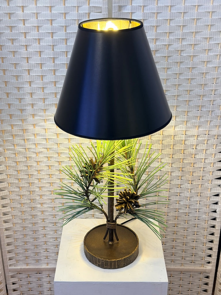 PINE CONE HAND FORGED METAL LAMP WITH BLACK SHADE