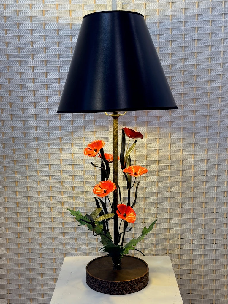 RED FLOWERS WITH GREEN LEAVES & DRAGONFLY HAND FORGED METAL LAMP WITH BLACK SHADE