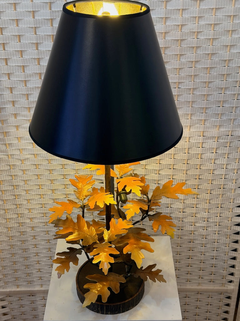 YELLOW/ORANGE OAK LEAF WITH ACORNS HAND FORGED METAL LAMP WITH BLACK SHADE
