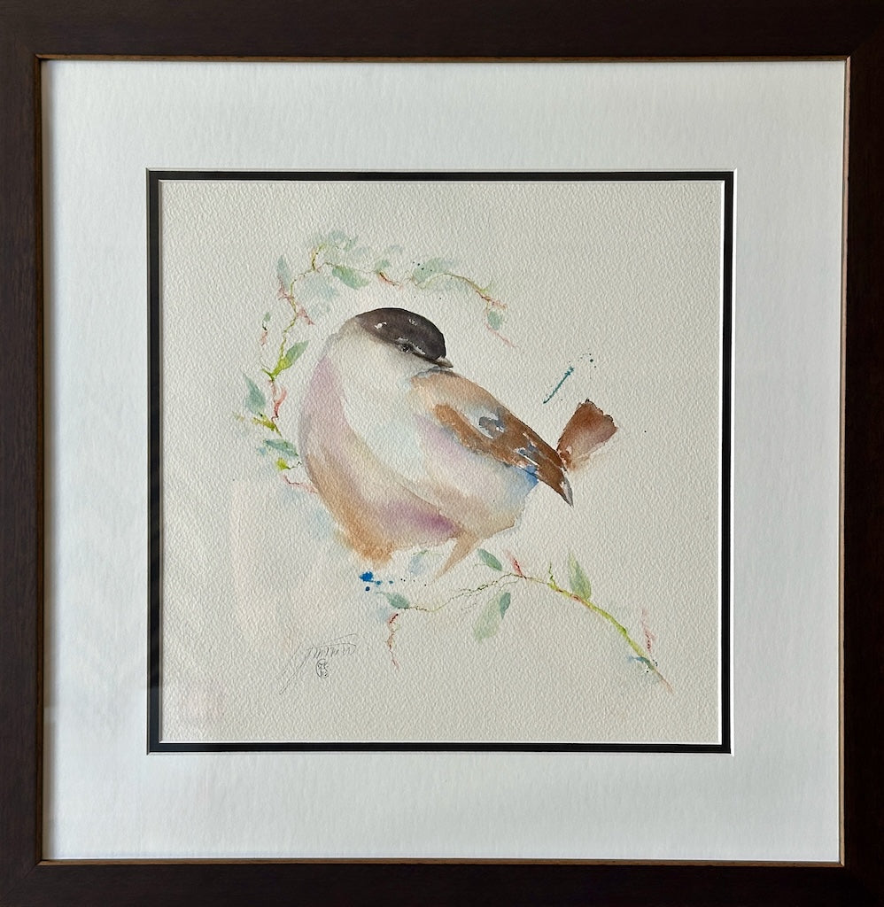 "BLACK CAPPED CHICKADEE WITH FLORAL RING" Original Watercolor/Framed