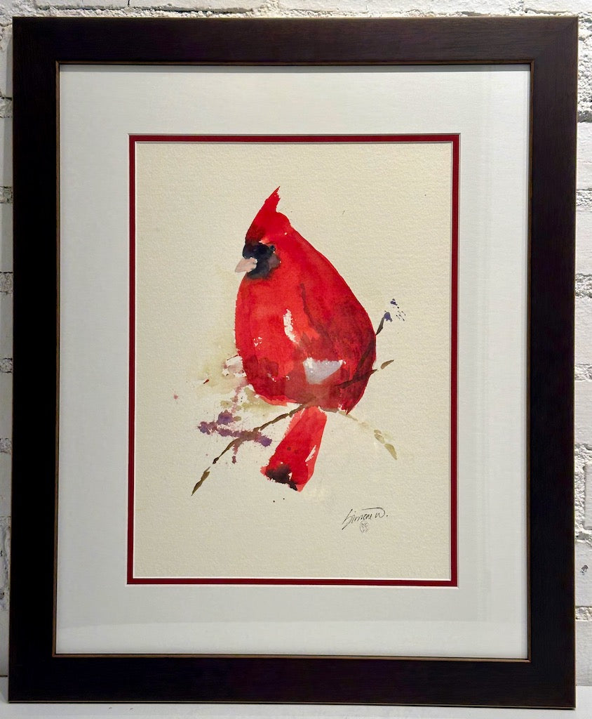 "SINGLE CARDINAL WITH RED MAT" Original Watercolor/Framed