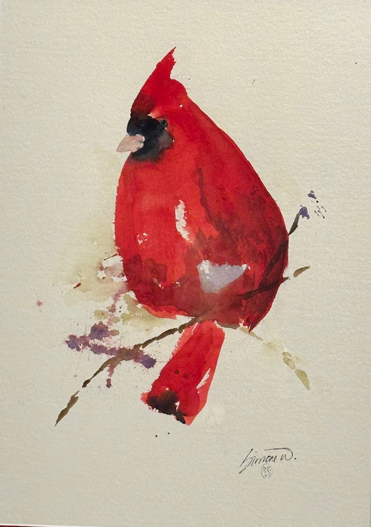 "SINGLE CARDINAL WITH RED MAT" Original Watercolor/Framed