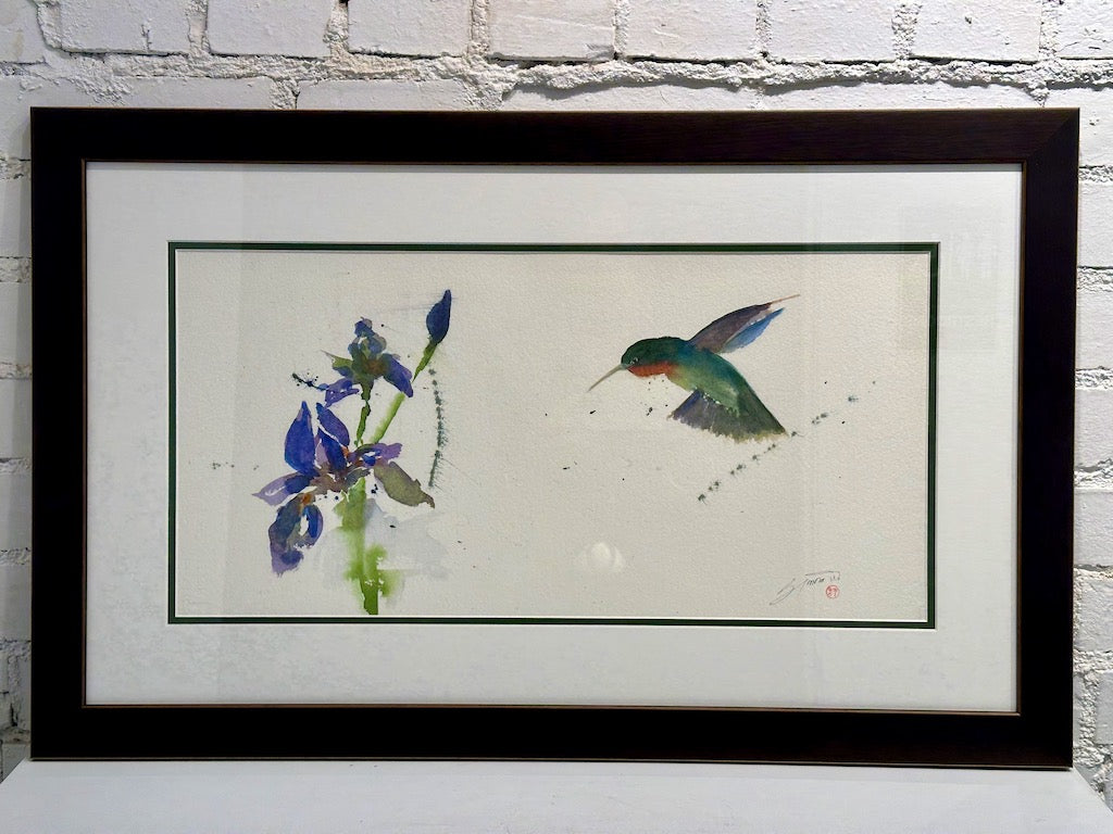 "HUMMING BIRD WITH IRIS" Original Watercolor/Framed