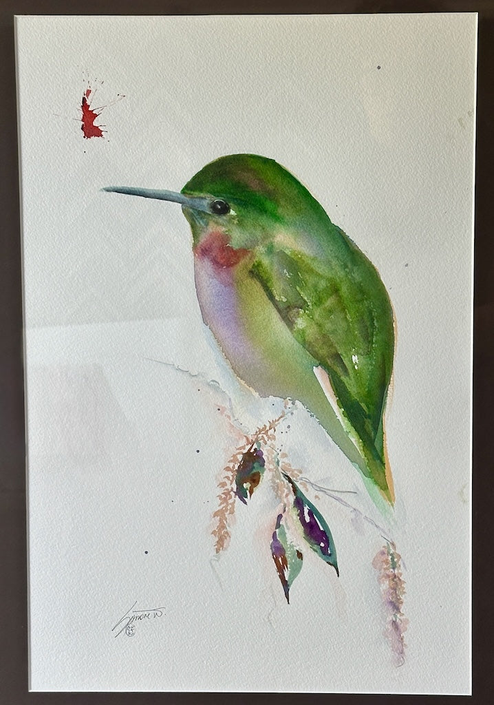 "PERCHED HUMMINGBIRD 6.25" Original Watercolor/Framed