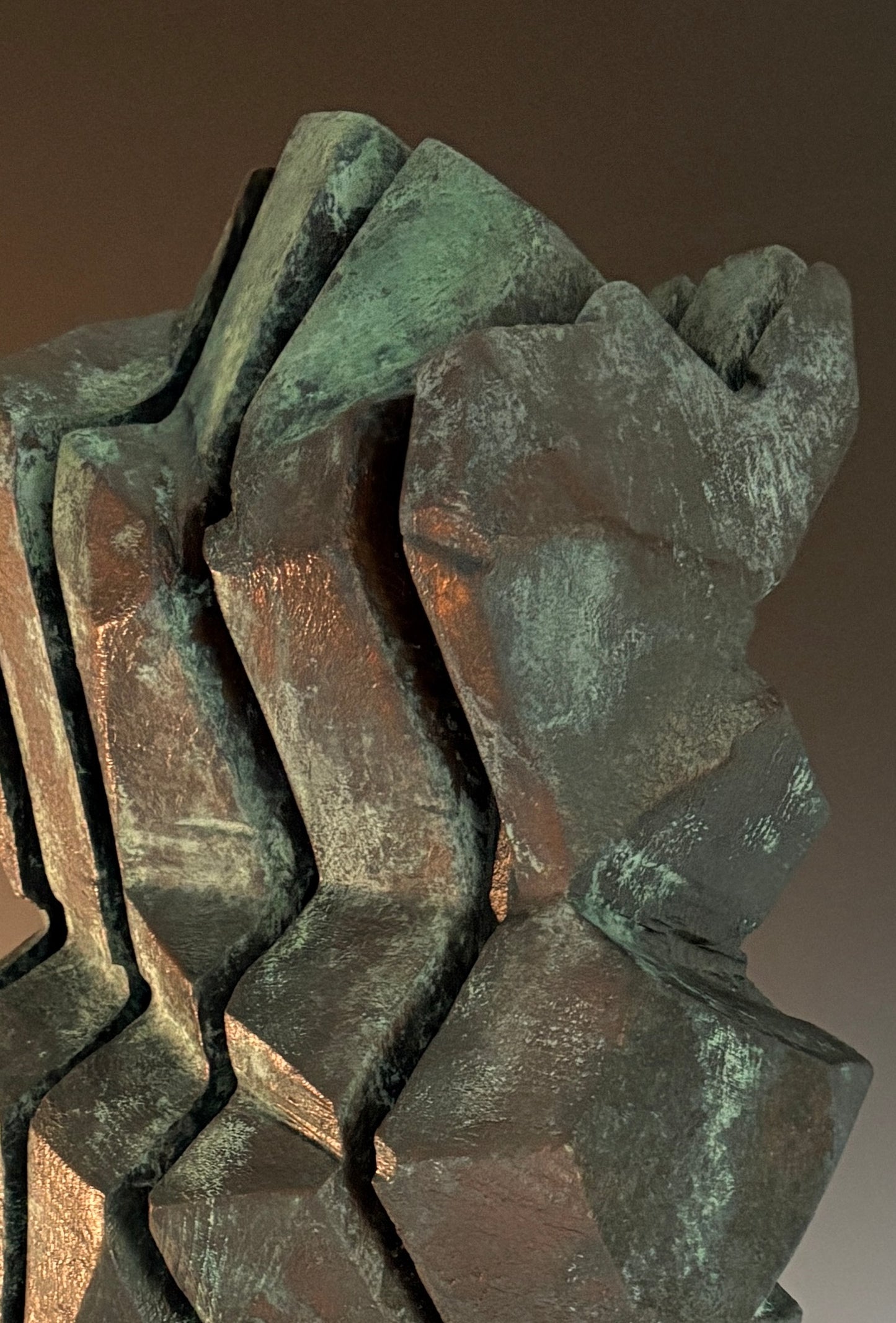 "SOLARA" HAND CARVED SPRUCE SCULPTURE WITH OXIDIZED BRONZE COATING