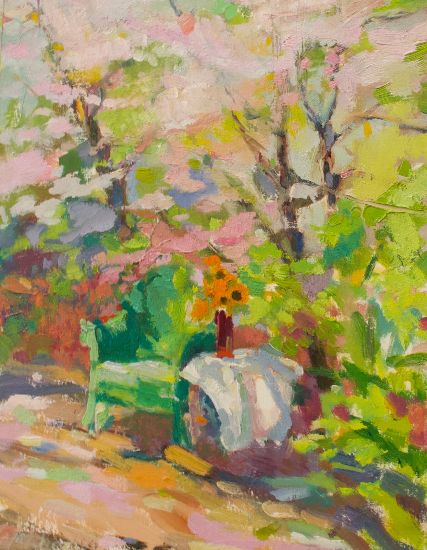 "UNDER THE PINK DOGWOOD" ORIGINAL OIL ON PAPER /FRAMED