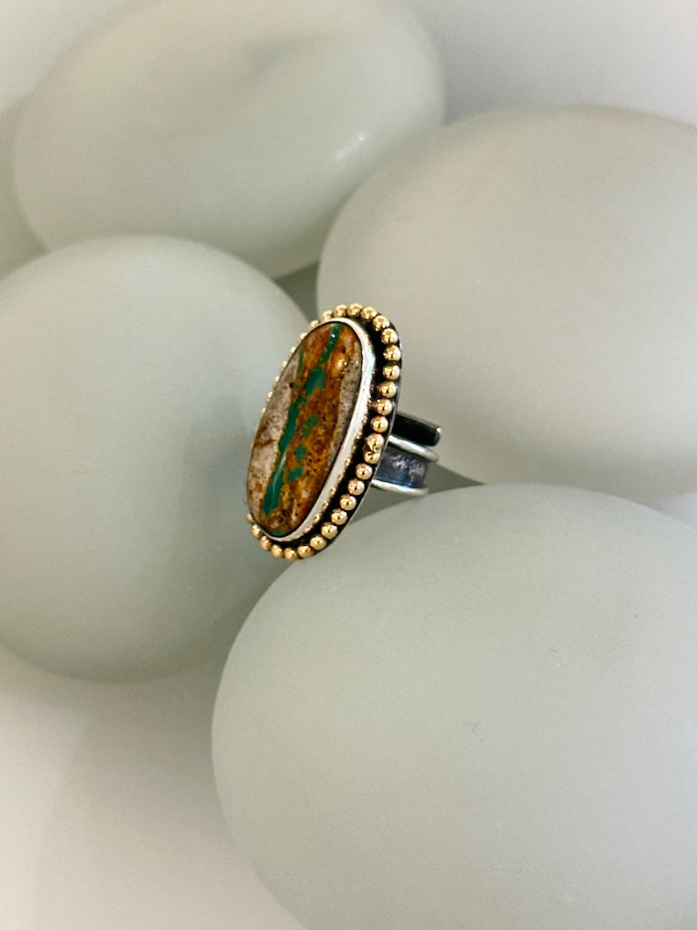 LARGE OVAL RIBBON TURQUOISE RING WITH 14K GOLD FILLED BEADED WIRE WK123
