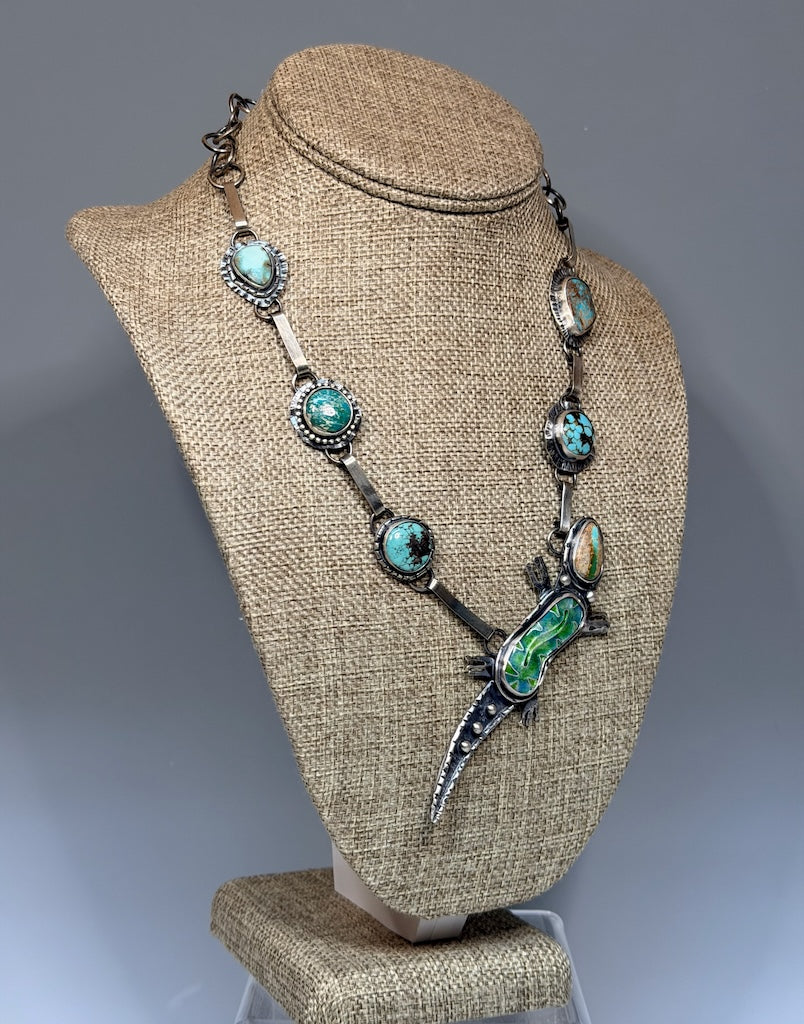 ENAMEL LIZARD, TURQUOISE AND STERLING SILVER NECKLACE WK137