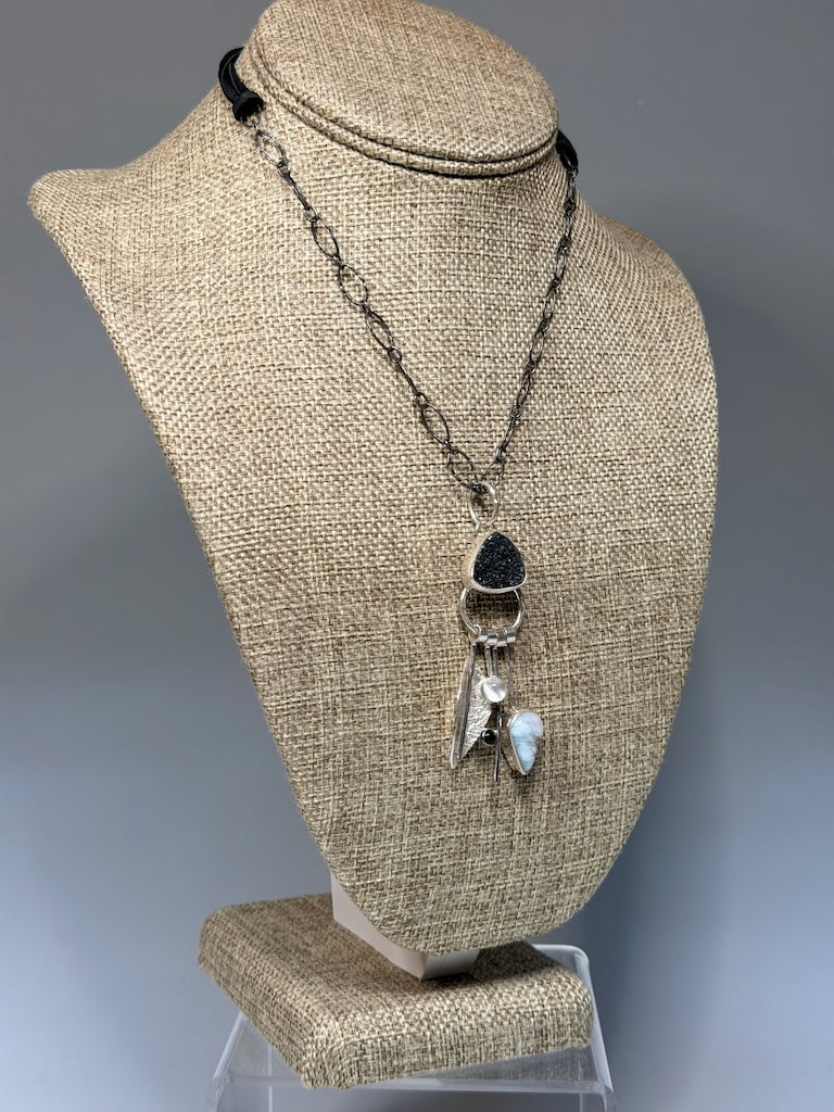 BLACK DRUZY STERLING SILVER NECKLACE WITH LARIMAR, MOON STONE, ONYX AND SILVER LEAF WK146