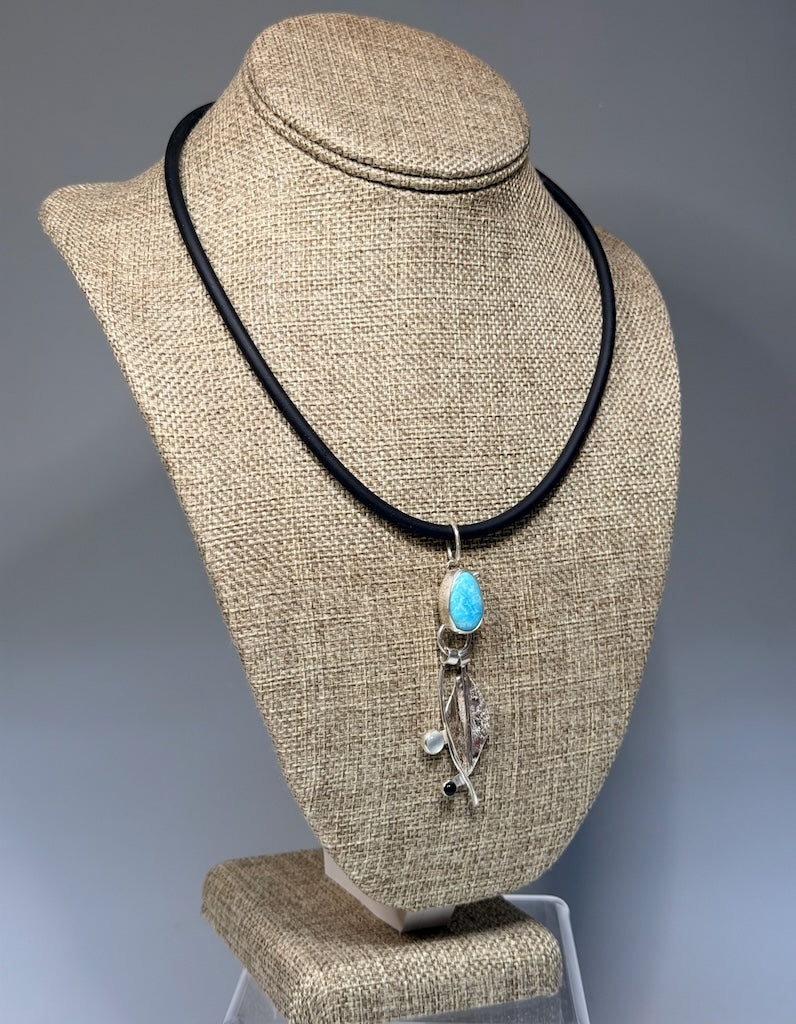 TURQUOISE NECKLACE WITH STERLING SILVER LEAF, MOON STONE, BLACK ONYX ON BLACK CORD WK147