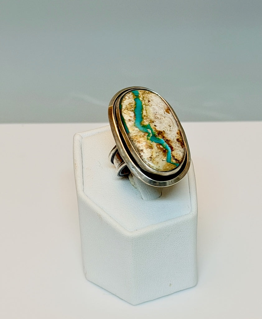 RIBBON TURQUOISE WITH STERLING SILVER BORDER ADJUSTABLE RING WK165