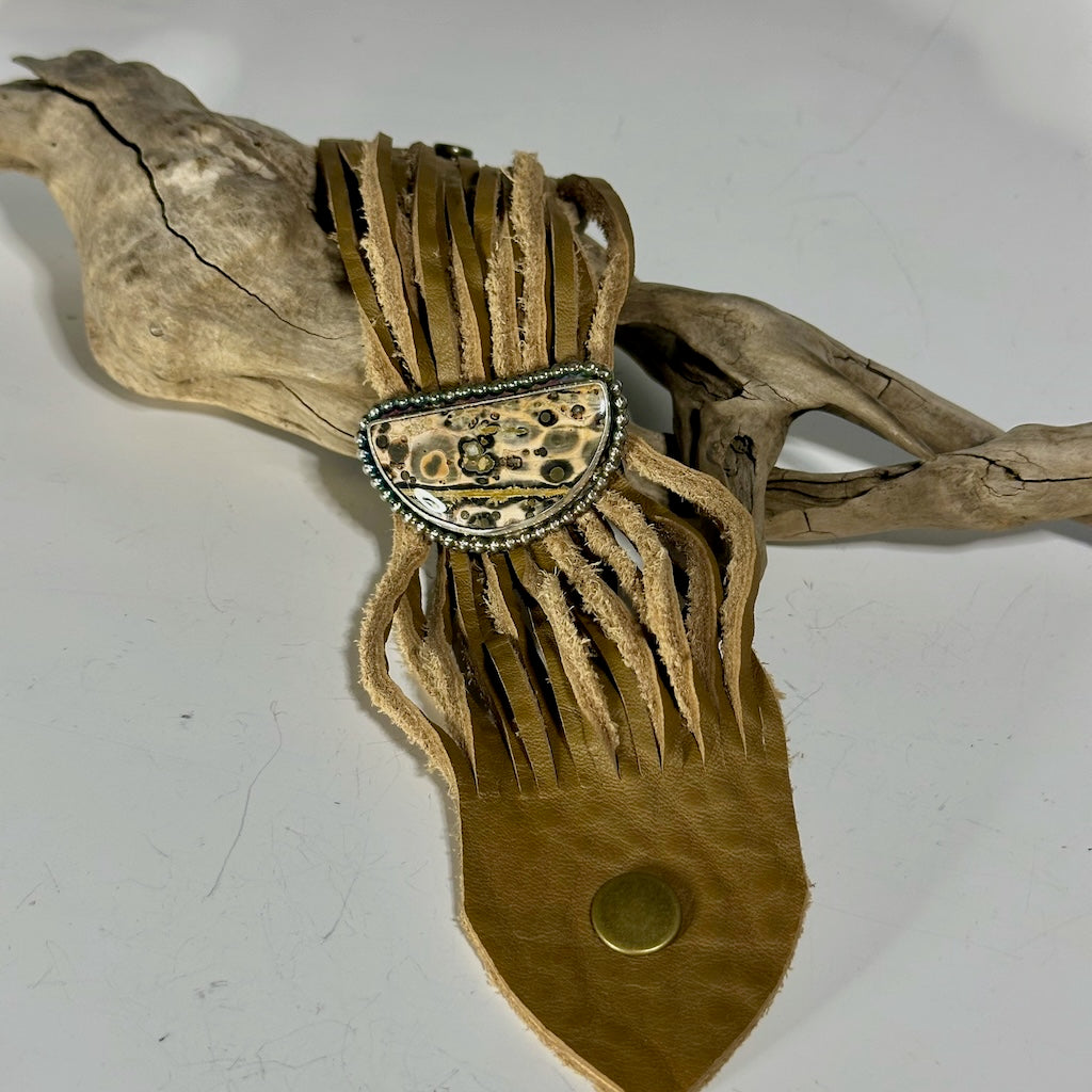 LEOPARD SKIN JASPER AND STERLING SILVER MULTI STRAND LEATHER BRACELET WK89