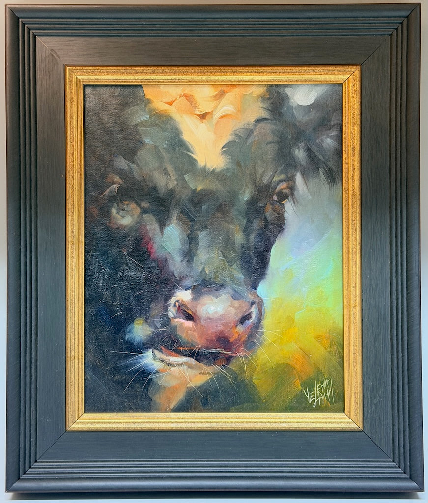 "MOODY MOO" ORIGINAL OIL ON LINEN/FRAMED