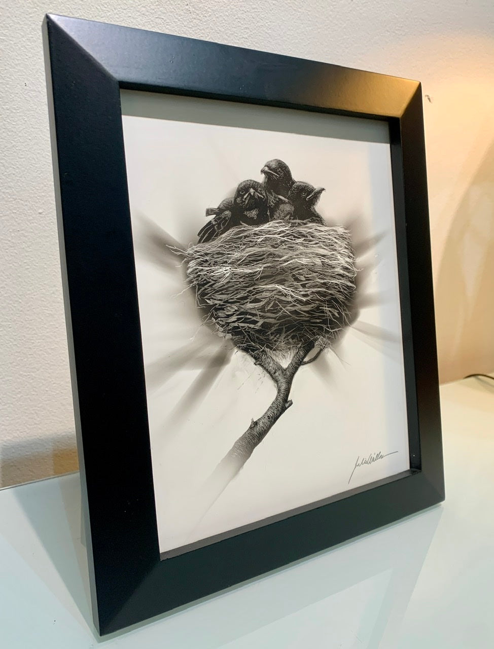 “Three Chicks - Black Drongos” Fumage Drawing on Clay Board