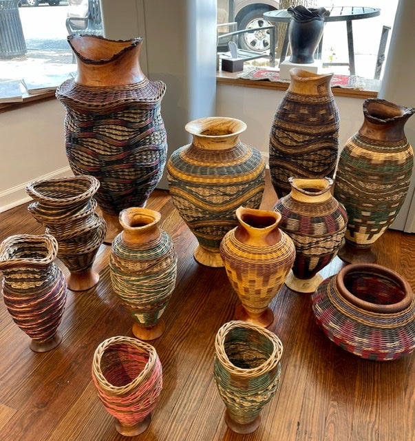 “Teal Spiral Hills with Walnut Wood” Mixed Media Basket with Hand Turned Wood Base and Lip