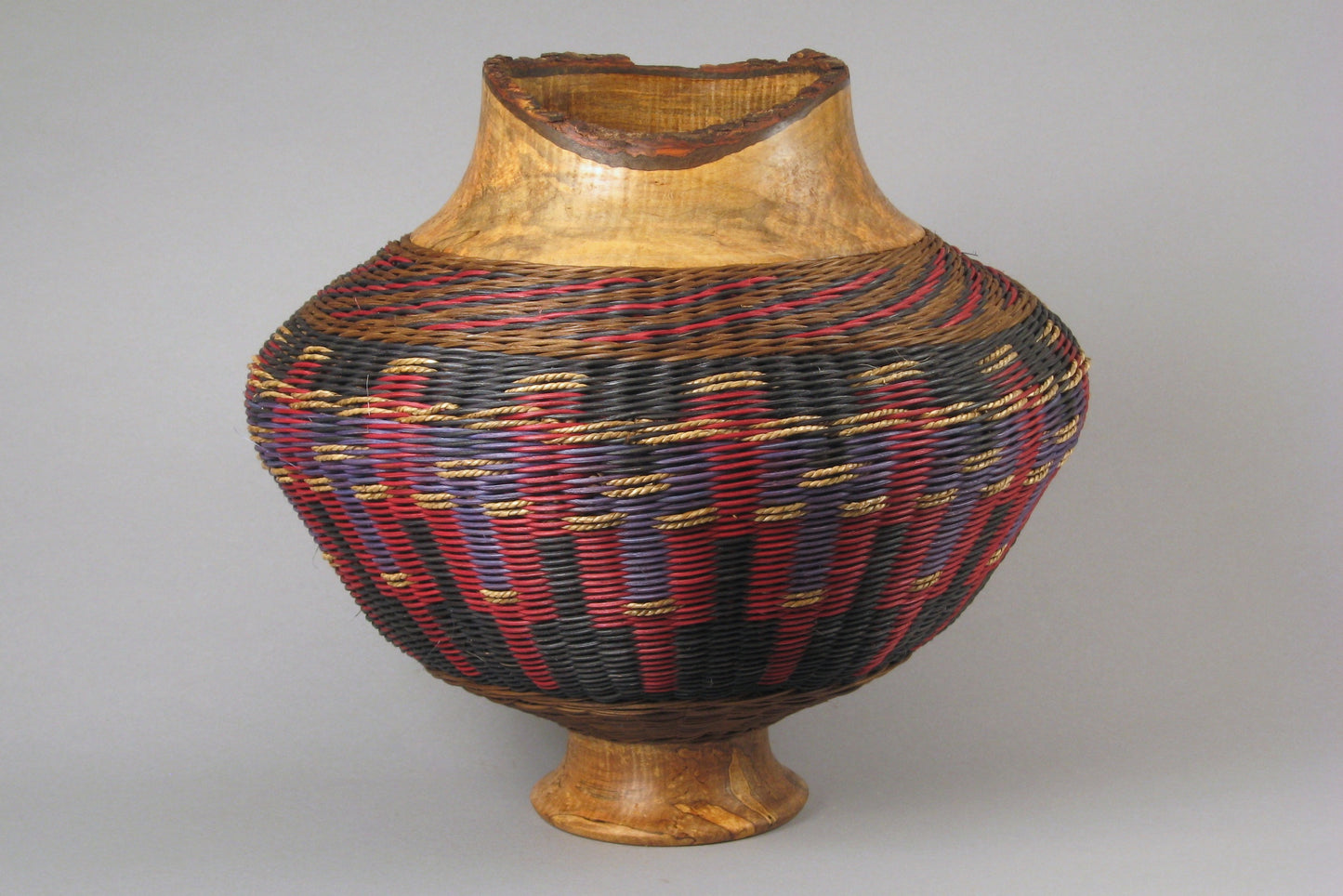 Mary's Pot with Quilted Maple” Mixed Media Basket with Hand Turned Wood Base and Lip