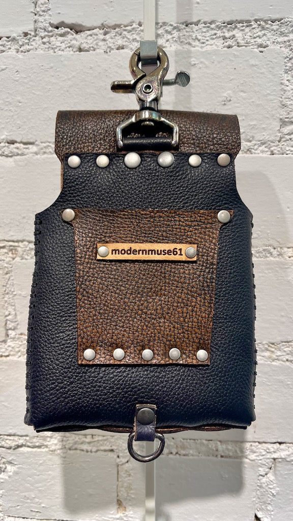 Distressed Black and BrownLeather Cell Phone Case with Silver Closure MMP16