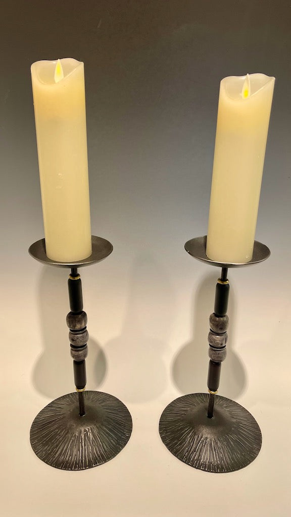 PAIR OF HAND FORGED CANDLE STICKS WITH AFRICAN BEADS SJCS3