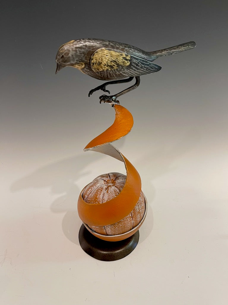 "Wren with Orange" Hand Forged Metal Sculpture